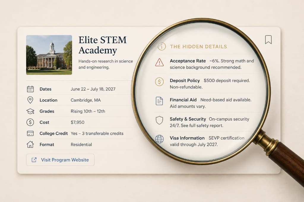 Program card showing hidden details like acceptance rate, deposit policy, and visa information