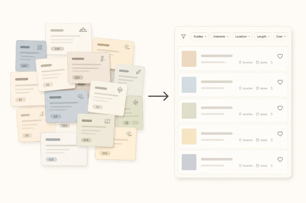 Illustration of scattered program cards organized into a filterable search list